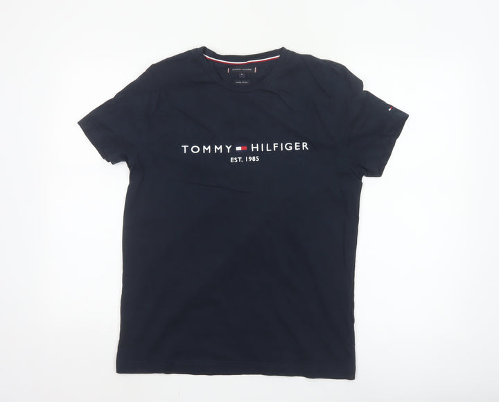 Tommy Hilfiger Men Blue Regular Fit Logo Cotton Crew Neck T-Shirt M