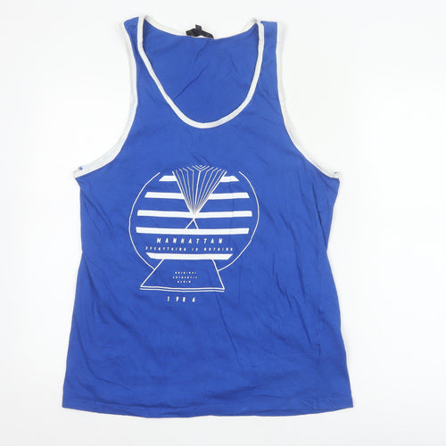 River Island Men's Blue Graphic Sleeveless Cotton Tank Top M