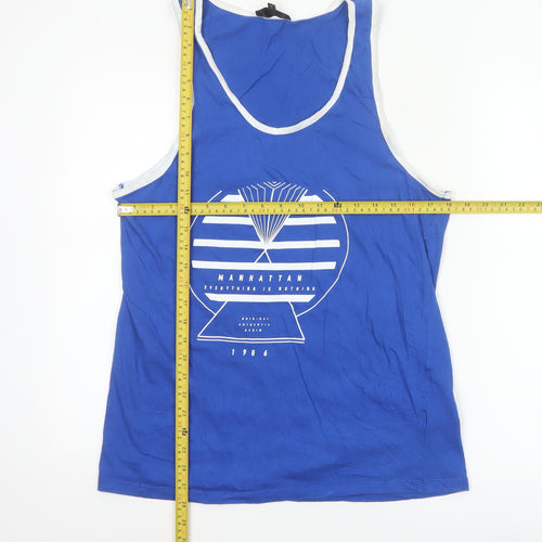 River Island Men's Blue Graphic Sleeveless Cotton Tank Top M