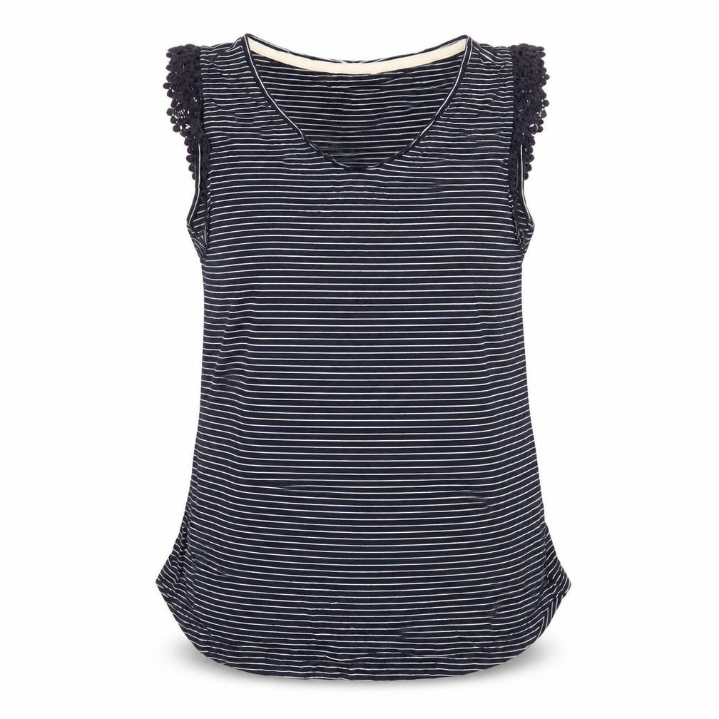 Front view of White Stuff Women Navy Striped Sleeveless Cotton Modal Top, size 12