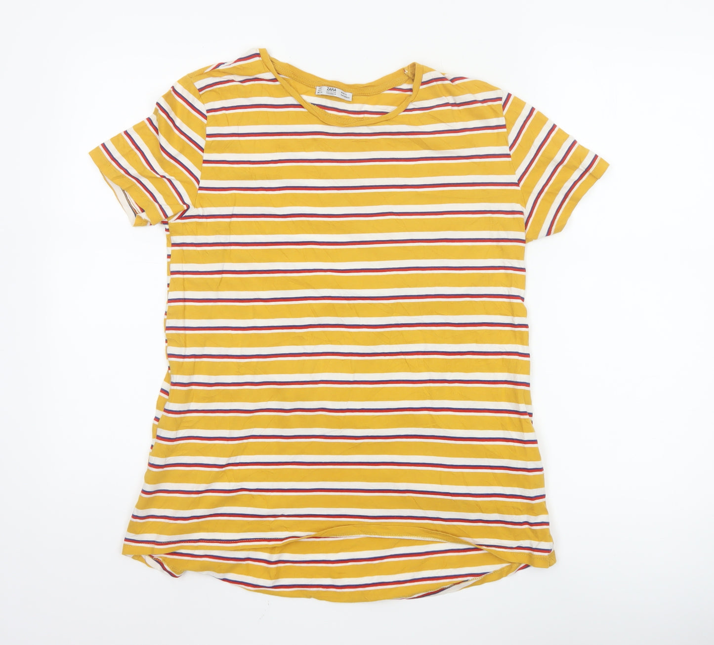 Zara Women Yellow Striped Short Sleeve Basic T-Shirt Size S