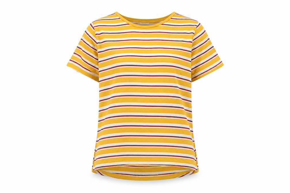 Front view of Zara Women Yellow Striped Short Sleeve Basic T-Shirt, size S