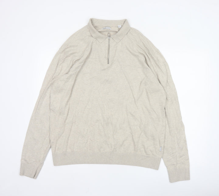 Jack & Jones Men's Beige Collared 1/4 Zip Knit Jumper XL