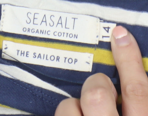 Seasalt Women Blue Striped 3/4 Sleeve Cotton Sailor Top Size 14