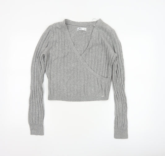 Hollister Women Grey Wrap V-Neck Ribbed Knit Jumper Size L