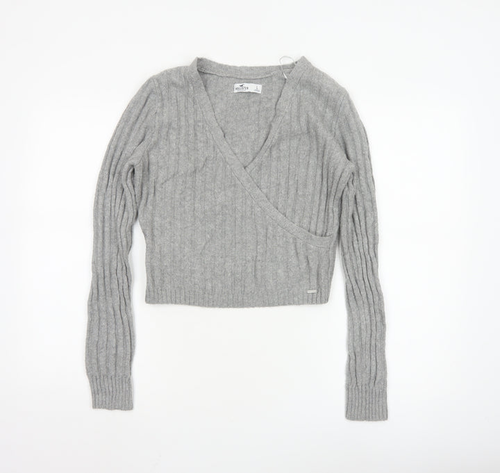 Hollister Women Grey Wrap V-Neck Ribbed Knit Jumper Size L