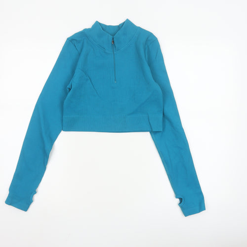 Mooslover Women Blue Long Sleeve Cropped 1/4 Zip Athletic Top L