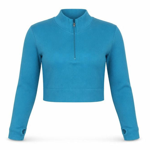 Mooslover Women Blue Long Sleeve Cropped 1/4 Zip Athletic Top L