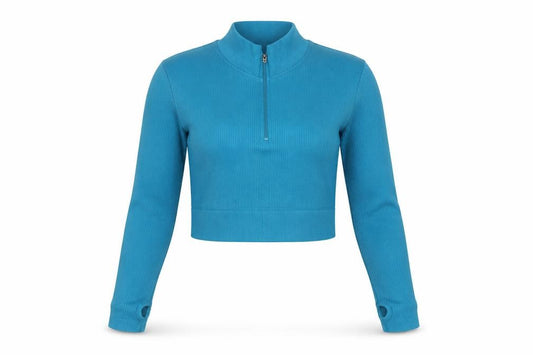 Mooslover Women Blue Long Sleeve Cropped 1/4 Zip Athletic Top L