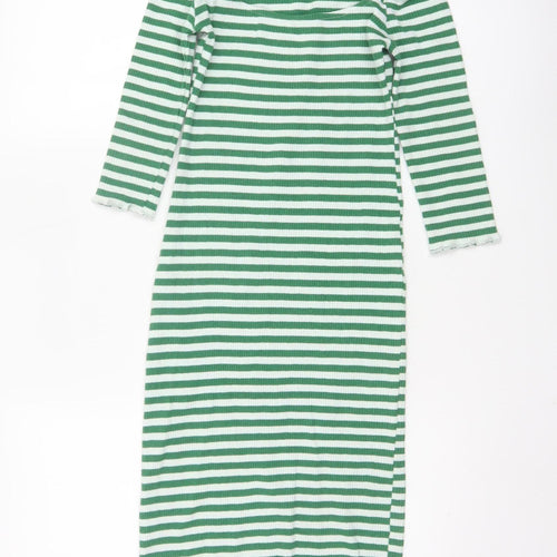 Stradivarius Women Green Stripe Bodycon Midi Dress Size 8