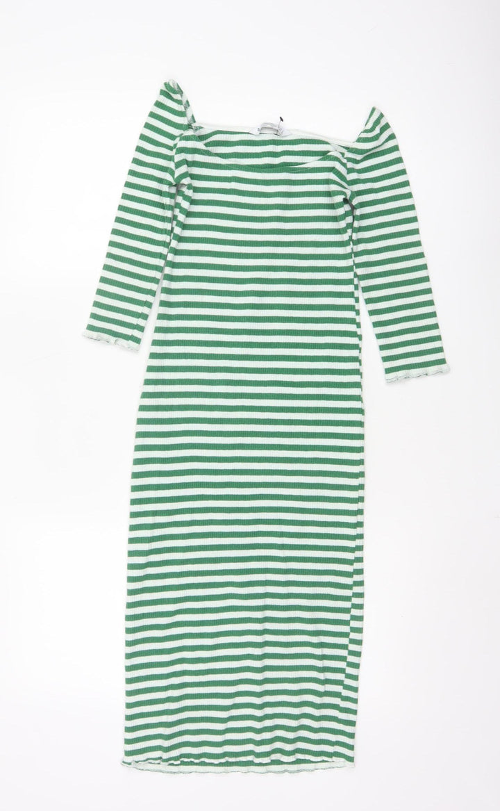 Stradivarius Women Green Stripe Bodycon Midi Dress Size 8