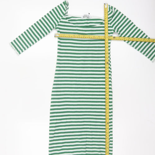 Stradivarius Women Green Stripe Bodycon Midi Dress Size 8