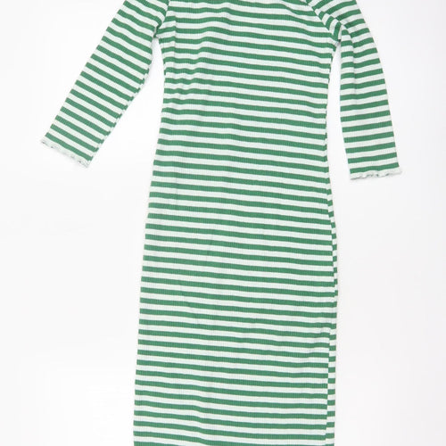 Stradivarius Women Green Stripe Bodycon Midi Dress Size 8