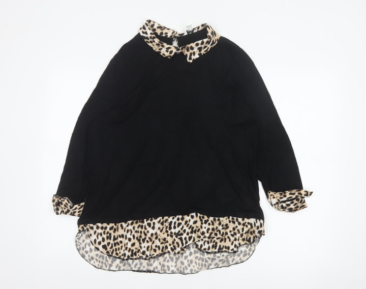 M&Co Womens Black Leopard Collar Tunic Blouse UK16