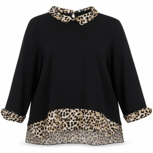 M&Co Womens Black Leopard Collar Tunic Blouse UK16