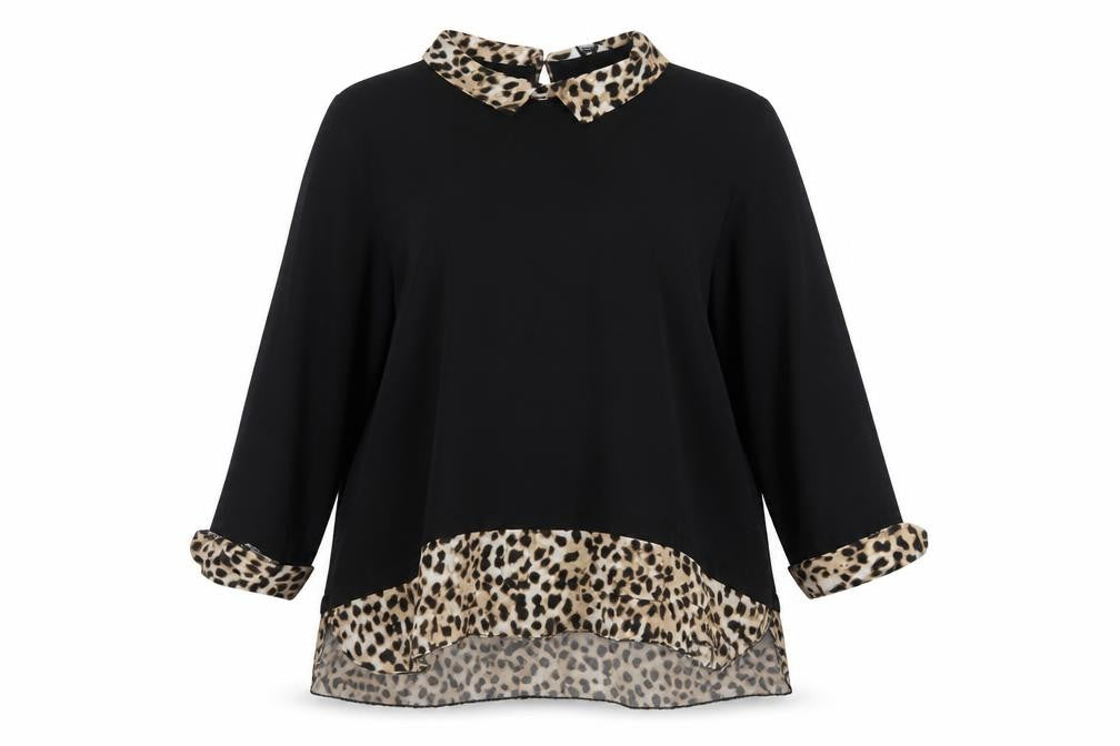M&Co Womens Black Leopard Collar Tunic Blouse UK16