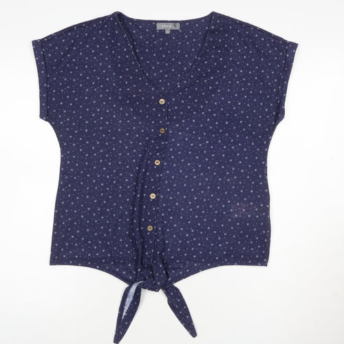 Principles Women Blue Floral V-Neck Button Tie Blouse Size 12