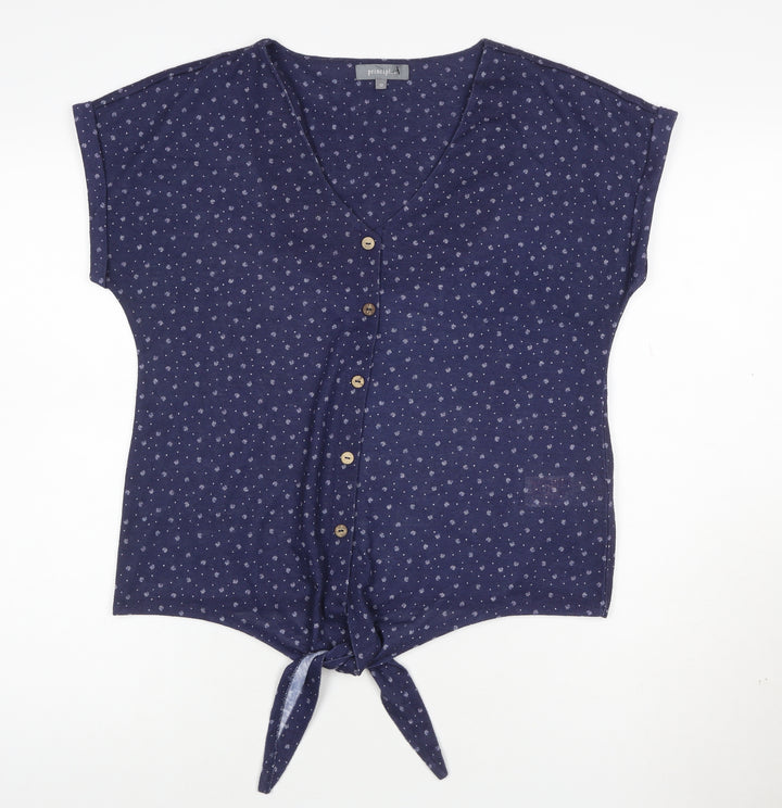 Principles Women Blue Floral V-Neck Button Tie Blouse Size 12