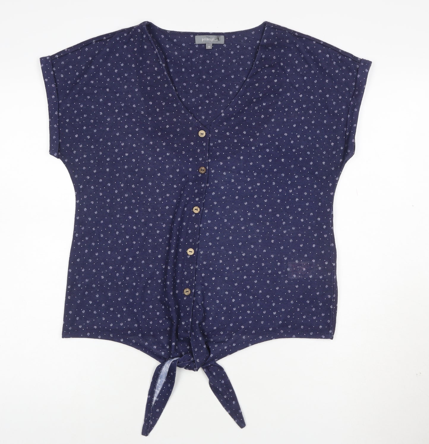 Principles Women Blue Floral V-Neck Button Tie Blouse Size 12