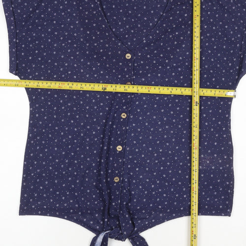 Principles Women Blue Floral V-Neck Button Tie Blouse Size 12