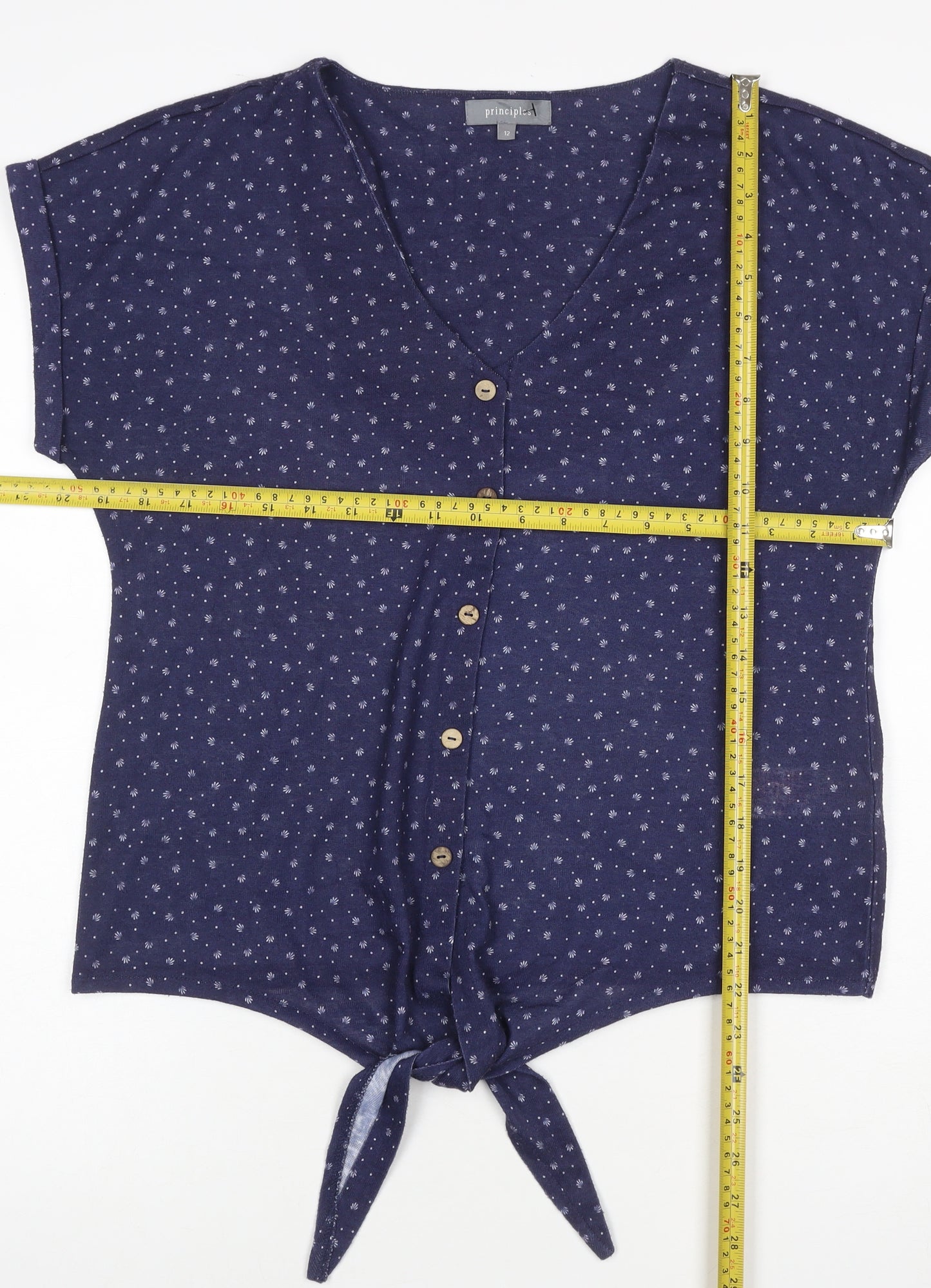 Principles Women Blue Floral V-Neck Button Tie Blouse Size 12