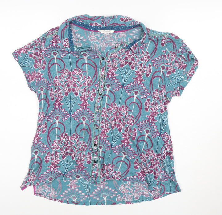 White Stuff Women's Blue Floral Cotton Button-Up Shirt Size 16