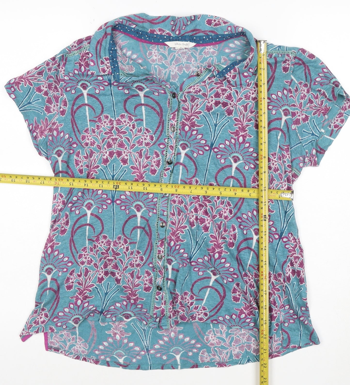 White Stuff Women's Blue Floral Cotton Button-Up Shirt Size 16
