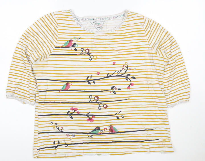 Mantaray Womens Yellow White Striped Bird Print Cotton Button Top Size 16