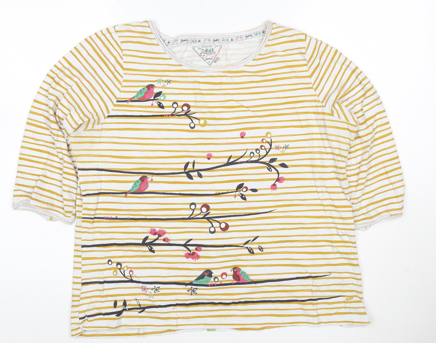 Mantaray Womens Yellow White Striped Bird Print Cotton Button Top Size 16