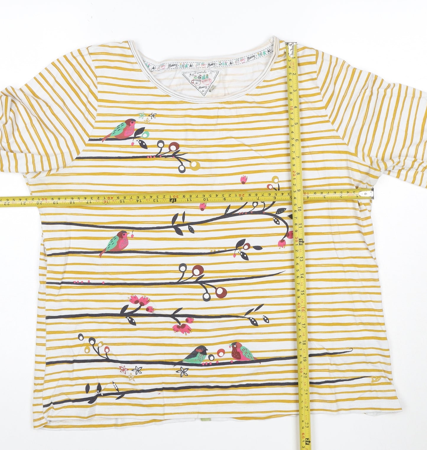 Mantaray Womens Yellow White Striped Bird Print Cotton Button Top Size 16