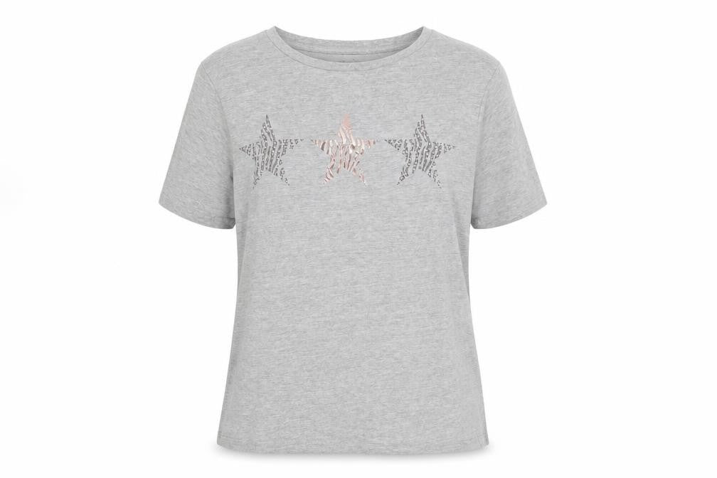 Front view of Amara Reya women’s grey sequin star t-shirt, size XL