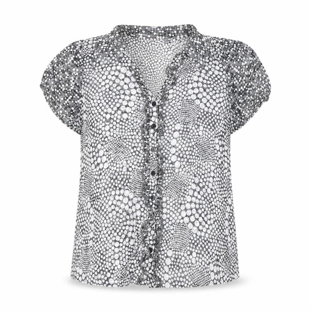 Front view of Per Una Women Grey Polka Dot Ruffle Mesh Blouse, size 20