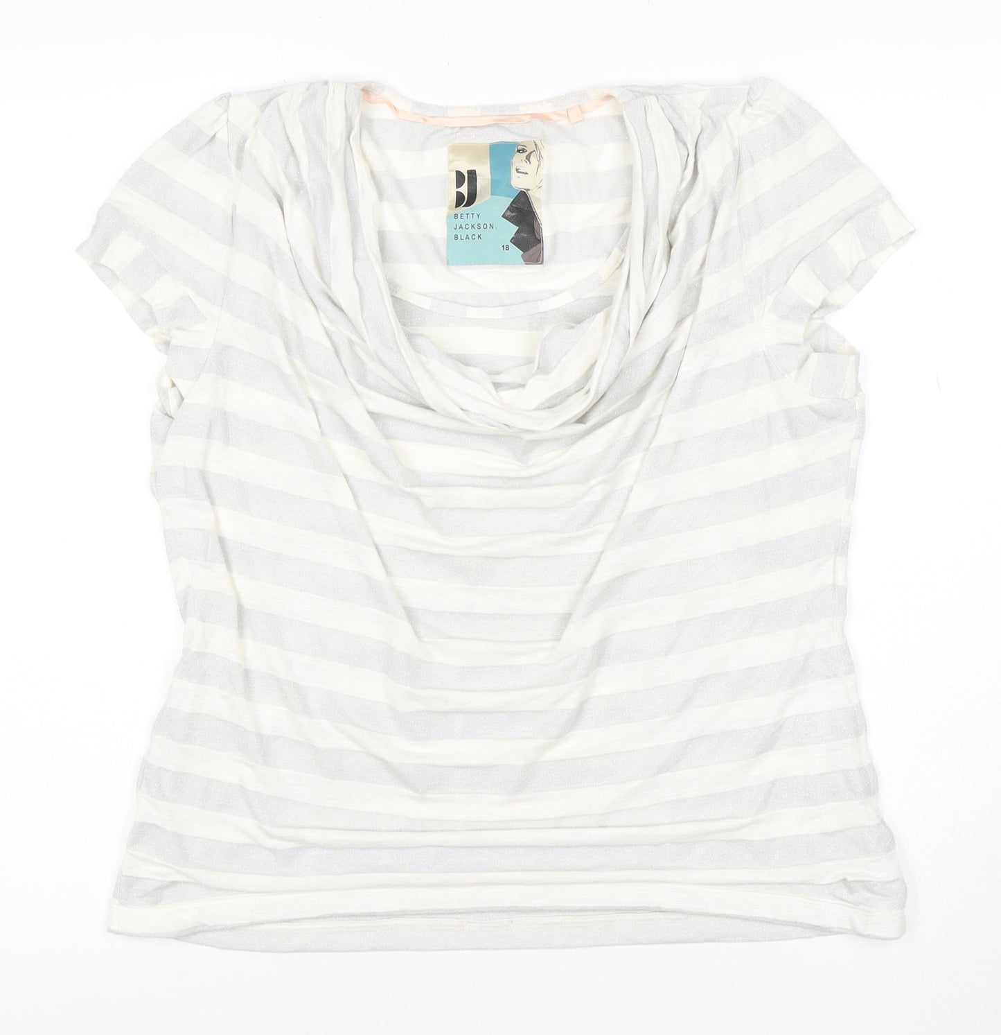 Betty Jackson Black Womens White Striped Cowl Neck Short Sleeve Top Size 18