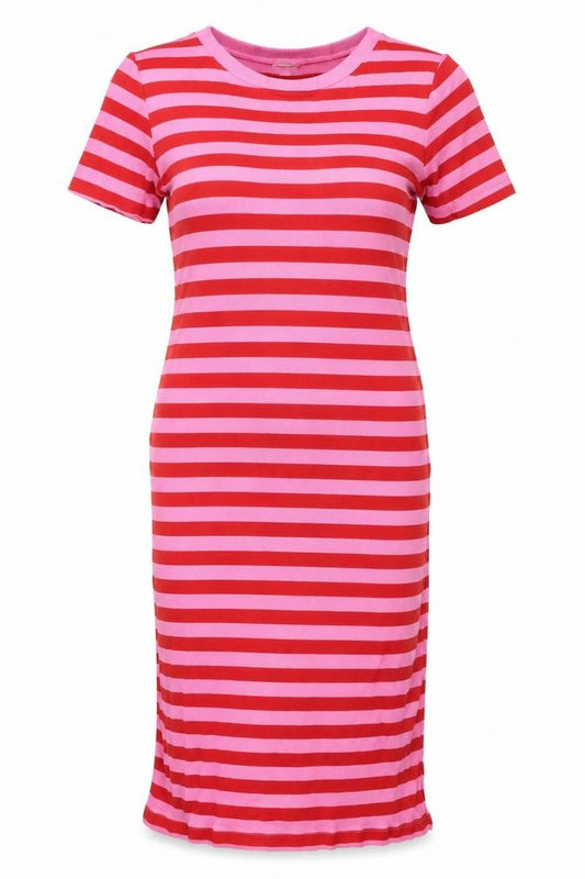Front view of H&M Women’s Pink Red Stripe T-Shirt Dress, size S, Cotton Modal