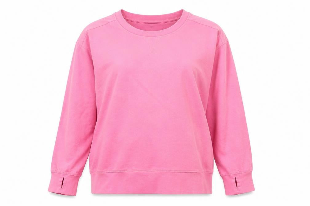 Front view of Sweaty Betty women’s pink long sleeve crew neck pullover sweatshirt, size UK 12