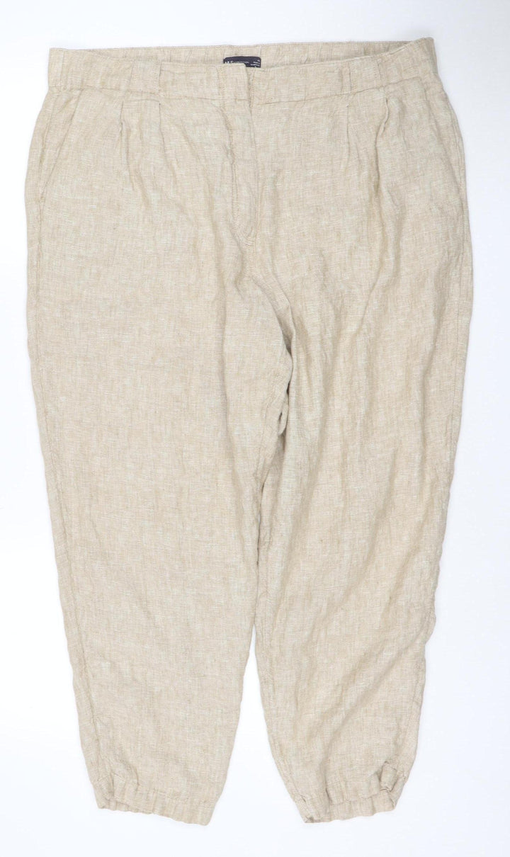 Marks and Spencer Women Beige Linen Relaxed Tapered Trousers Size 12