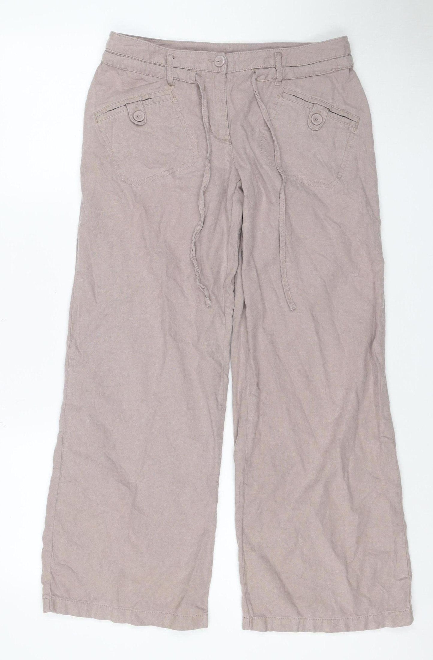 Next Women’s Beige Linen Blend Petite Wide-Leg Cropped Trousers UK 8