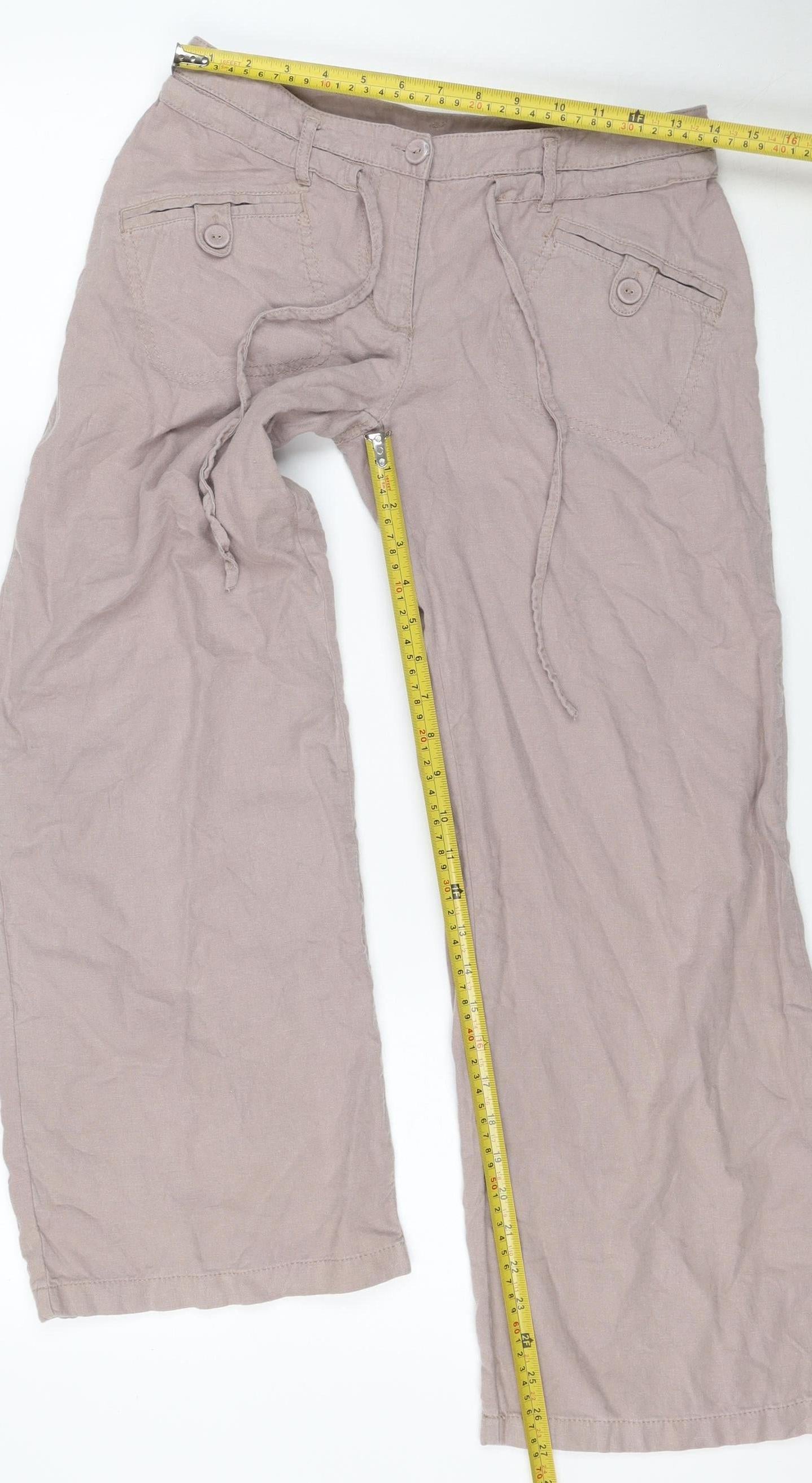 Next Women’s Beige Linen Blend Petite Wide-Leg Cropped Trousers UK 8