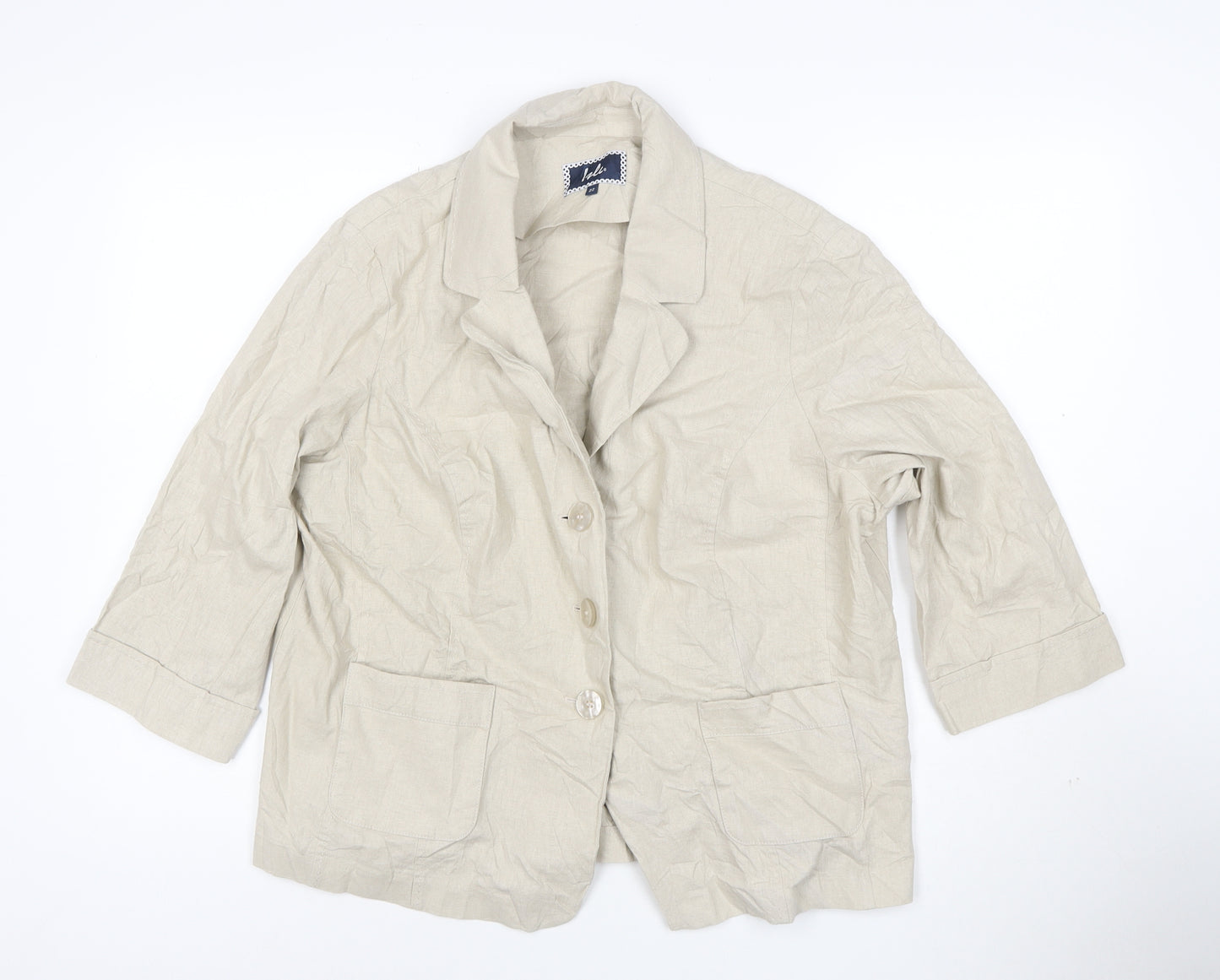 Izabel London Womens Beige Linen Blend 3/4 Sleeve Single Breasted Blazer Size 22