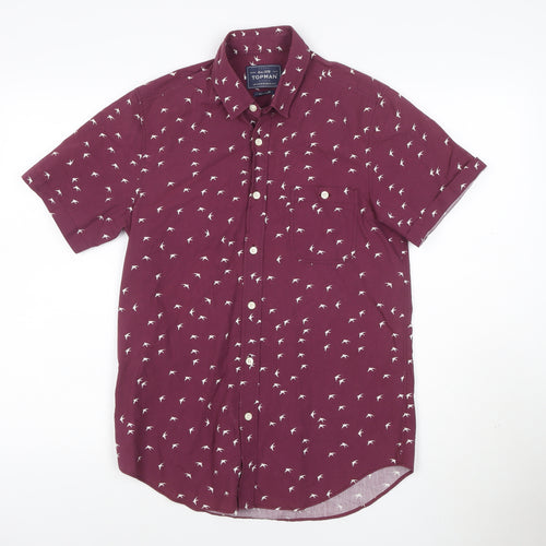 Topman Men's Red Bird Print Short Sleeve Cotton Button-Up Shirt Size S