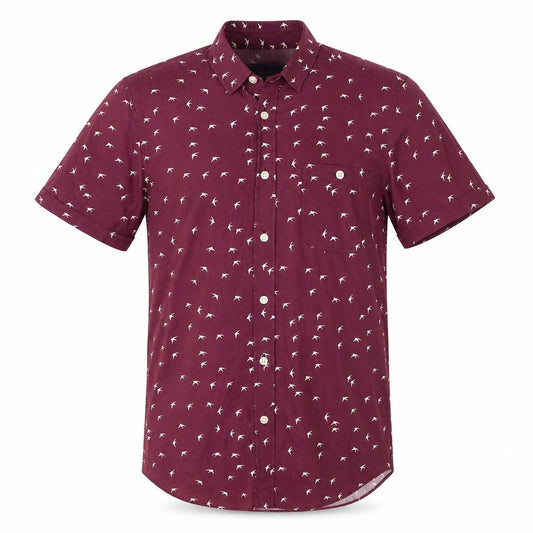 Front view of Topman Men's Red Bird Print Short Sleeve Cotton Button-Up Shirt, size S
