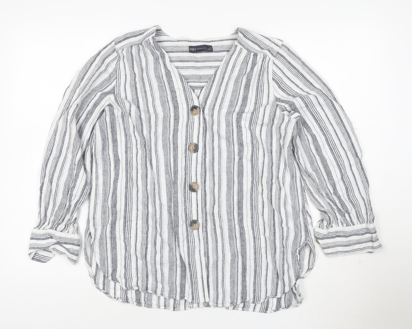 Marks and Spencer Women Grey Striped Linen Tunic Shirt Size 16