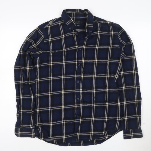 Zara Men's Blue Check Relaxed Fit Button-Up Flannel Shirt Size M