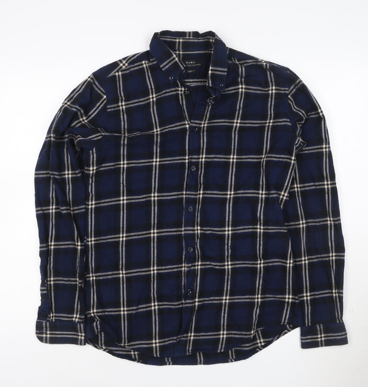 Zara Men's Blue Check Relaxed Fit Button-Up Flannel Shirt Size M