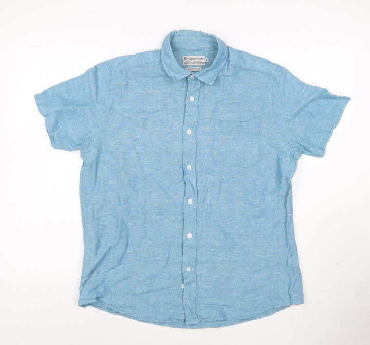 Tu Men’s Blue Linen Blend Short Sleeve Button-Up Shirt M