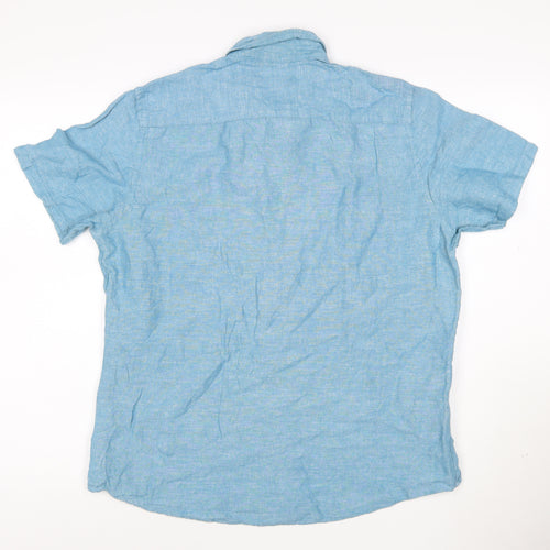 Tu Men’s Blue Linen Blend Short Sleeve Button-Up Shirt M