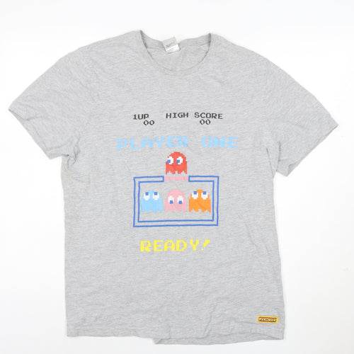 George Men’s Grey Pac-Man Graphic T-Shirt Size L 100% Cotton Retro Gamer Style