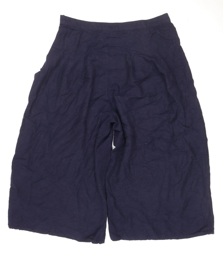Next Women Navy Blue Linen Wide-Leg Cropped Trousers Size 16