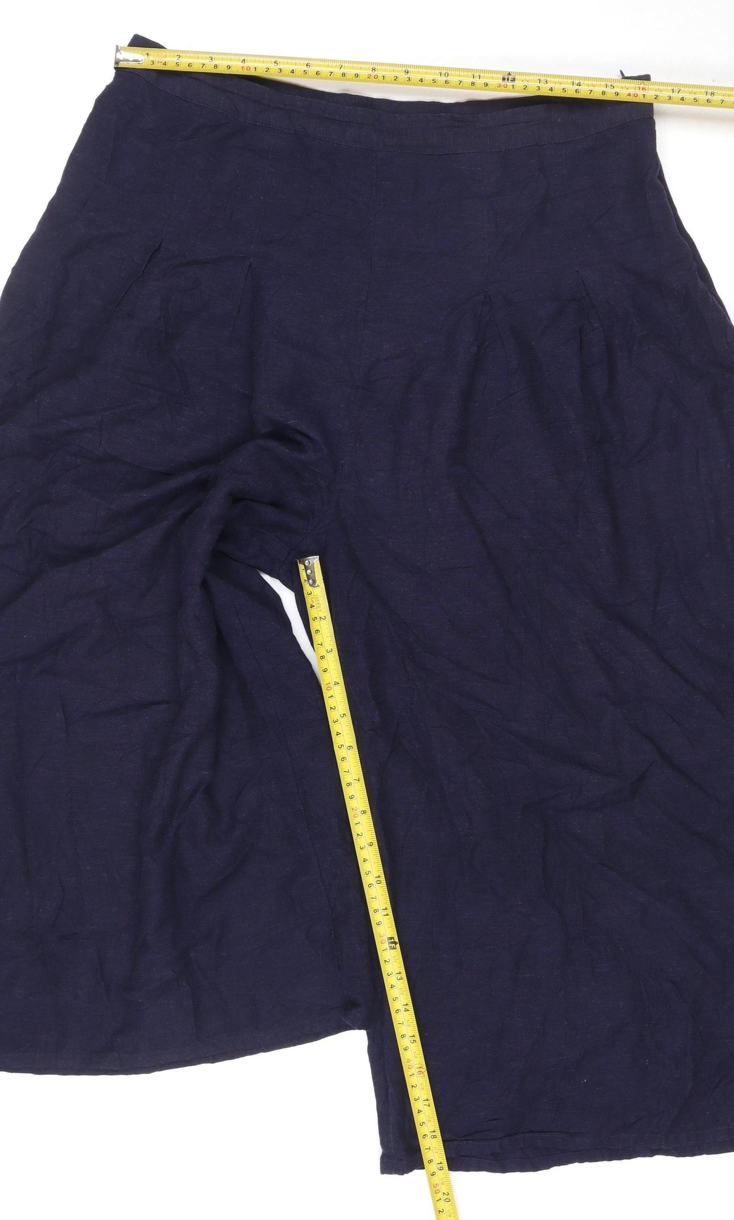 Next Women Navy Blue Linen Wide-Leg Cropped Trousers Size 16