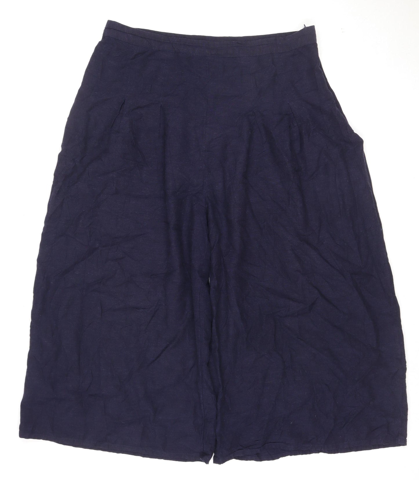 Next Women Navy Blue Linen Wide-Leg Cropped Trousers Size 16
